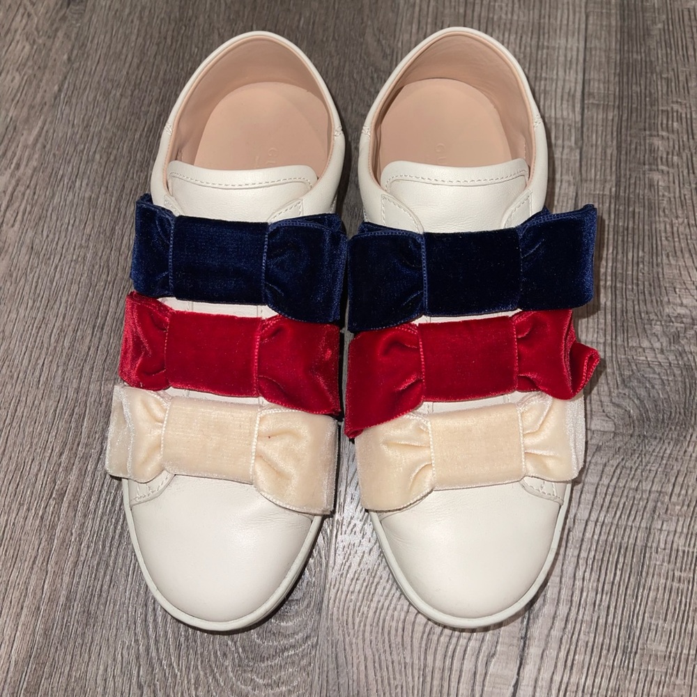Gucci Womens Ace leather & Velvet Bow Sneakers Size 36.5